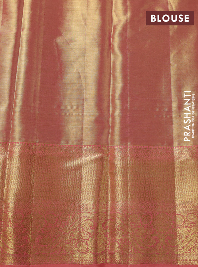 Pure kanchipuram tissue silk saree dual shade of gold and peach pink with allover zari woven brocade weaves and zari woven border