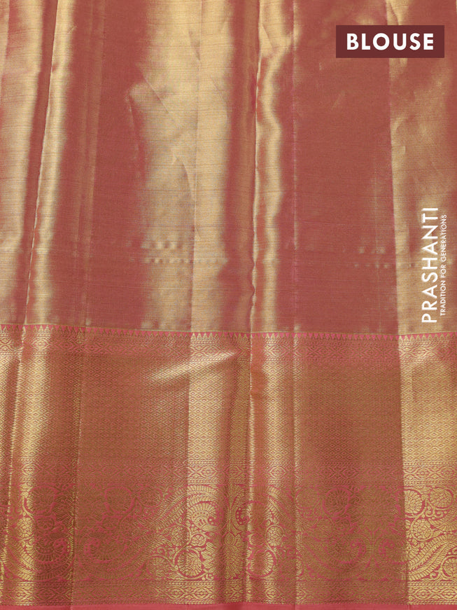 Pure kanchipuram tissue silk saree dual shade of gold and peach pink with allover zari woven brocade weaves and zari woven border