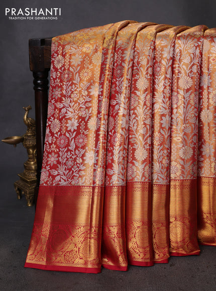 Pure kanchipuram tissue silk saree gold and maroon with allover zari woven brocade weaves and zari woven border