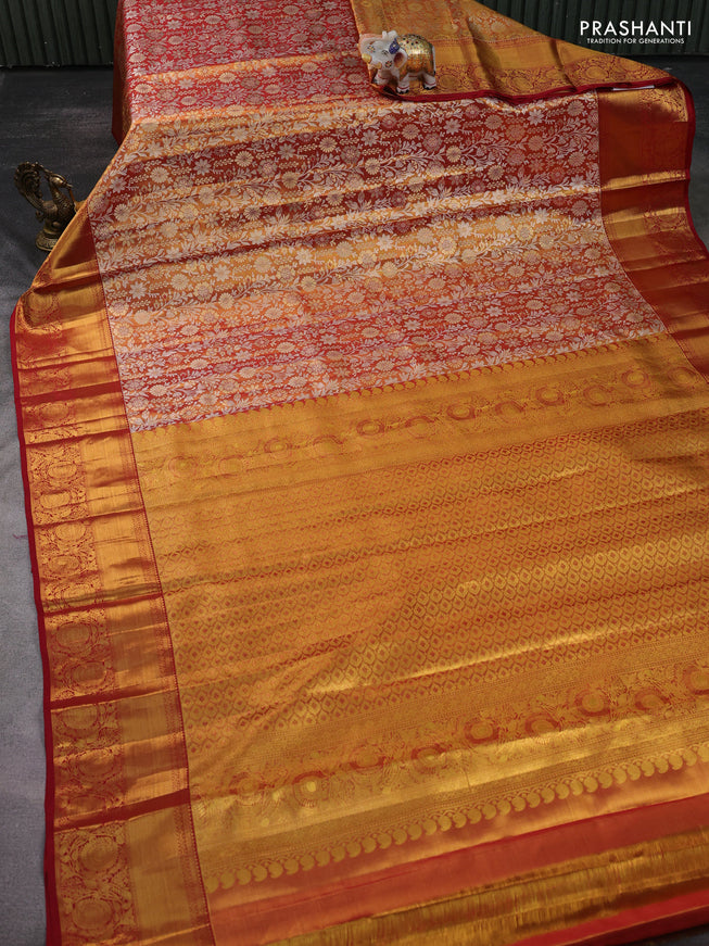 Pure kanchipuram tissue silk saree gold and maroon with allover zari woven brocade weaves and zari woven border