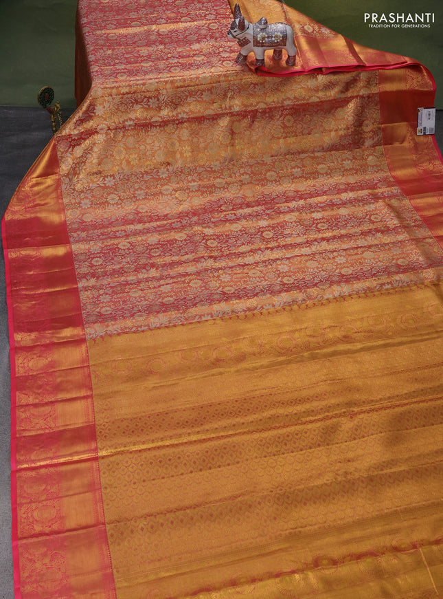 Pure kanchipuram tissue silk saree dual shade of gold and pink with allover zari woven brocade weaves and zari woven border