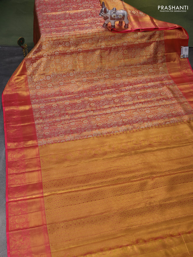 Pure kanchipuram tissue silk saree dual shade of gold and pink with allover zari woven brocade weaves and zari woven border