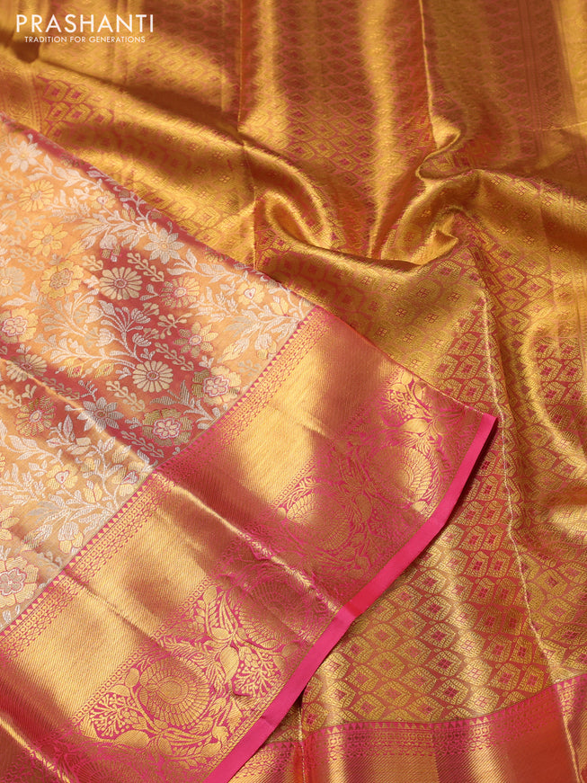 Pure kanchipuram tissue silk saree dual shade of gold and pink with allover zari woven brocade weaves and zari woven border