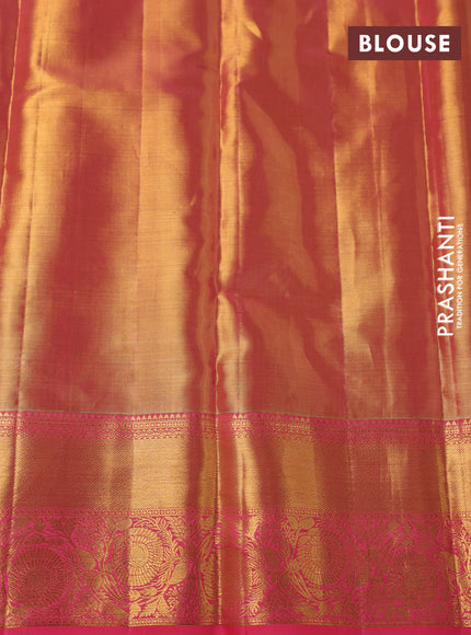 Pure kanchipuram tissue silk saree dual shade of gold and pink with allover zari woven brocade weaves and zari woven border