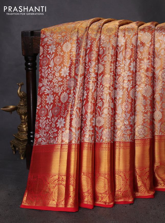 Pure kanchipuram tissue silk saree gold and red with allover zari woven brocade weaves and zari woven border