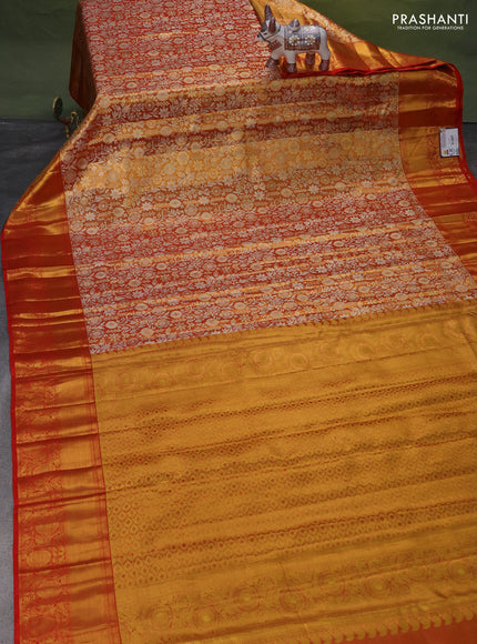 Pure kanchipuram tissue silk saree gold and red with allover zari woven brocade weaves and zari woven border