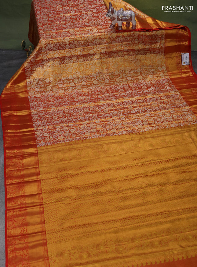 Pure kanchipuram tissue silk saree gold and red with allover zari woven brocade weaves and zari woven border