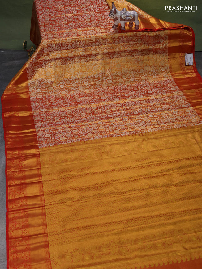 Pure kanchipuram tissue silk saree gold and red with allover zari woven brocade weaves and zari woven border