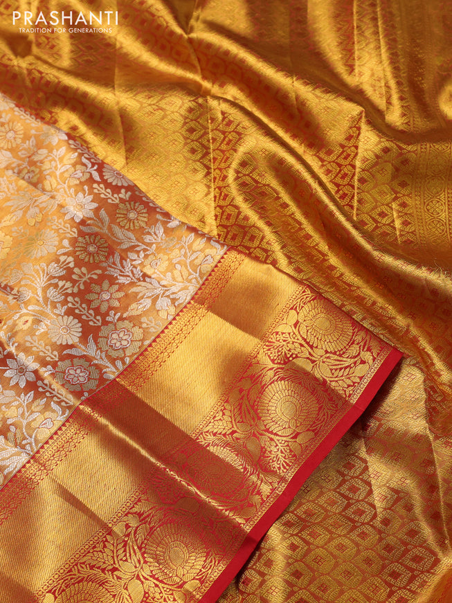 Pure kanchipuram tissue silk saree gold and red with allover zari woven brocade weaves and zari woven border