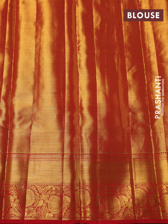 Pure kanchipuram tissue silk saree gold and red with allover zari woven brocade weaves and zari woven border