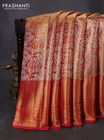 Pure kanchipuram tissue silk saree dual shade of gold and red with allover zari woven brocade weaves and zari woven border