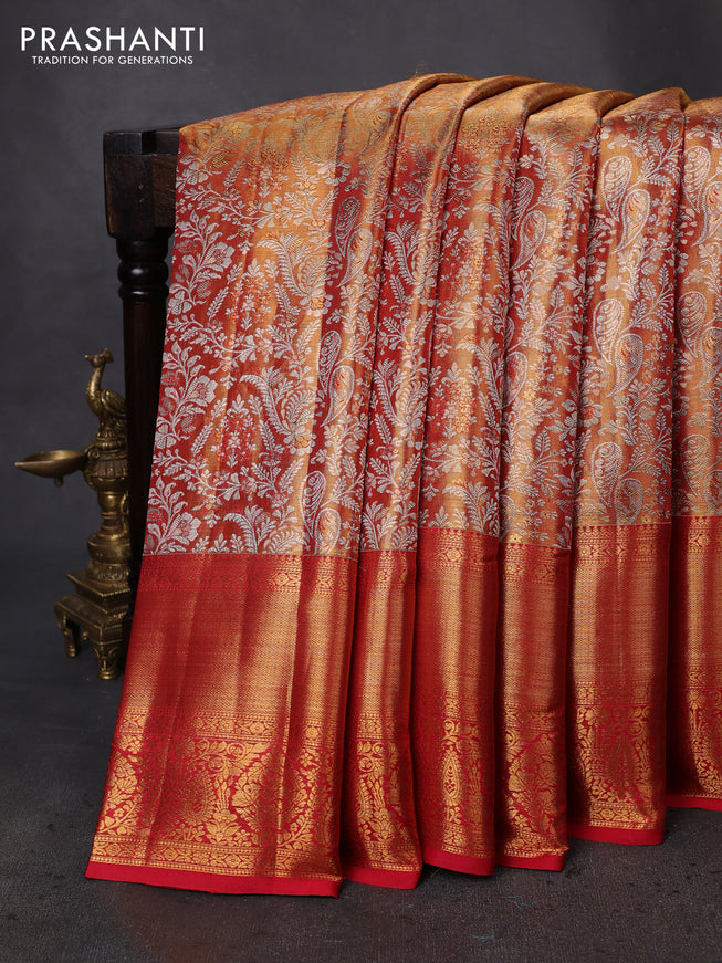 Pure kanchipuram tissue silk saree dual shade of gold and red with allover zari woven brocade weaves and zari woven border