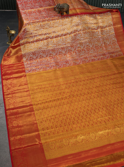 Pure kanchipuram tissue silk saree dual shade of gold and red with allover zari woven brocade weaves and zari woven border