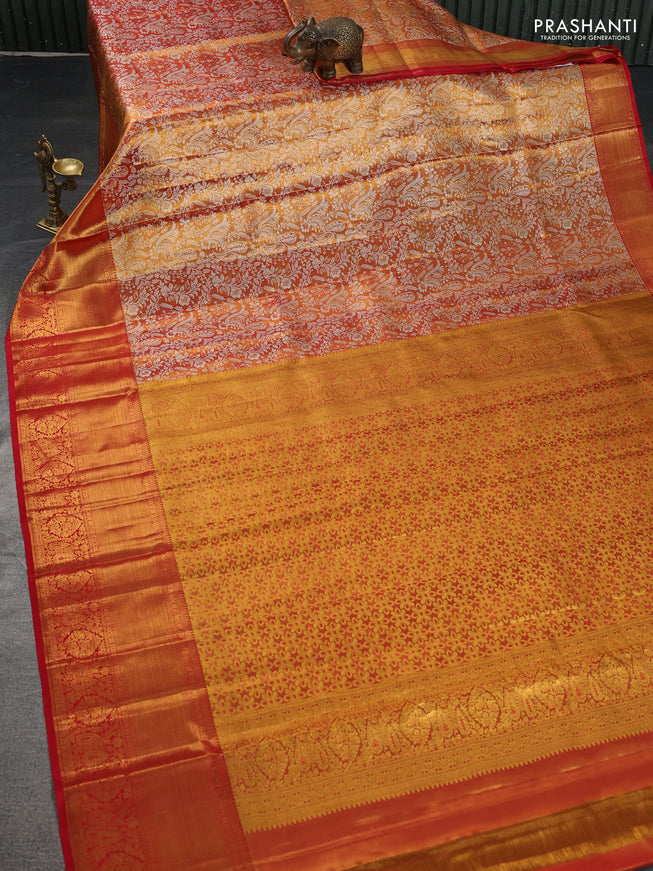 Pure kanchipuram tissue silk saree dual shade of gold and red with allover zari woven brocade weaves and zari woven border