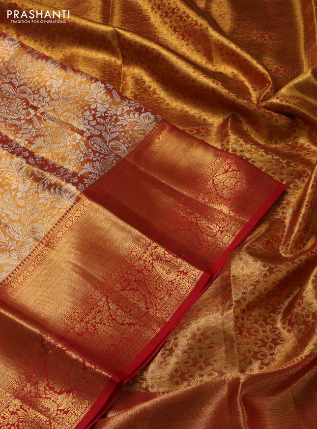 Pure kanchipuram tissue silk saree dual shade of gold and red with allover zari woven brocade weaves and zari woven border