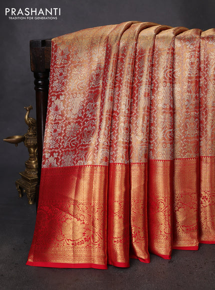 Pure kanchipuram tissue silk saree red shade with allover zari woven brocade weaves and zari woven border
