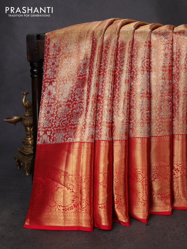 Pure kanchipuram tissue silk saree red shade with allover zari woven brocade weaves and zari woven border