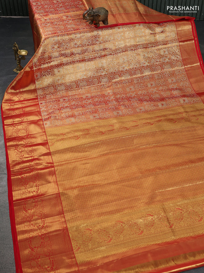 Pure kanchipuram tissue silk saree red shade with allover zari woven brocade weaves and zari woven border