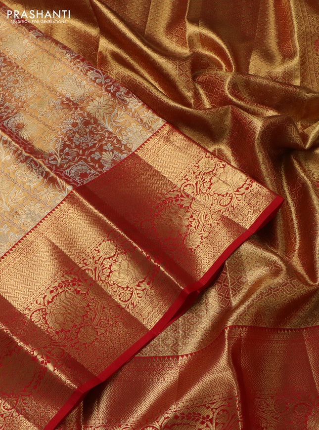 Pure kanchipuram tissue silk saree red shade with allover zari woven brocade weaves and zari woven border