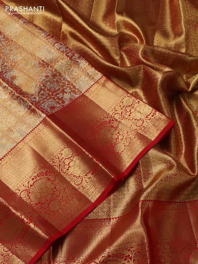 Pure kanchipuram tissue silk saree red shade with allover zari woven brocade weaves and zari woven border