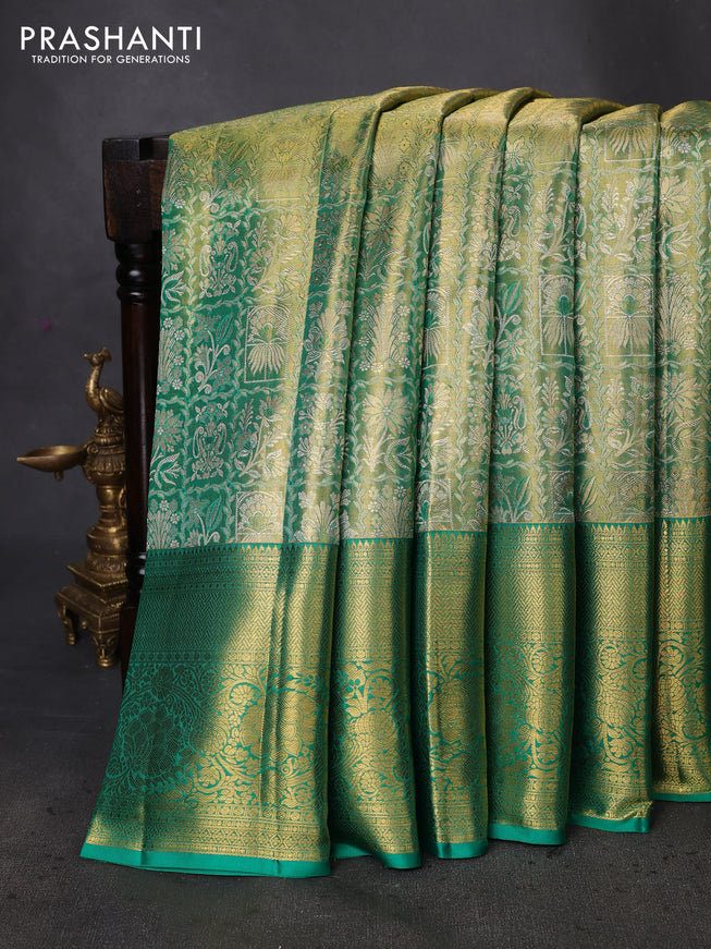 Pure kanchipuram tissue silk saree green shade with allover zari woven brocade weaves and zari woven border
