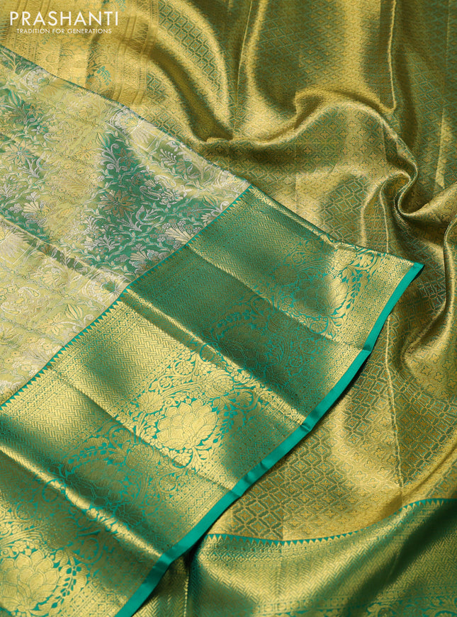 Pure kanchipuram tissue silk saree green shade with allover zari woven brocade weaves and zari woven border