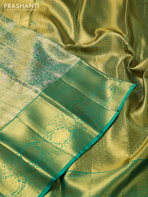 Pure kanchipuram tissue silk saree green shade with allover zari woven brocade weaves and zari woven border