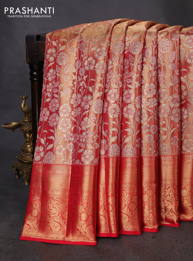 Pure kanchipuram tissue silk saree red shade with allover zari woven brocade weaves and zari woven border