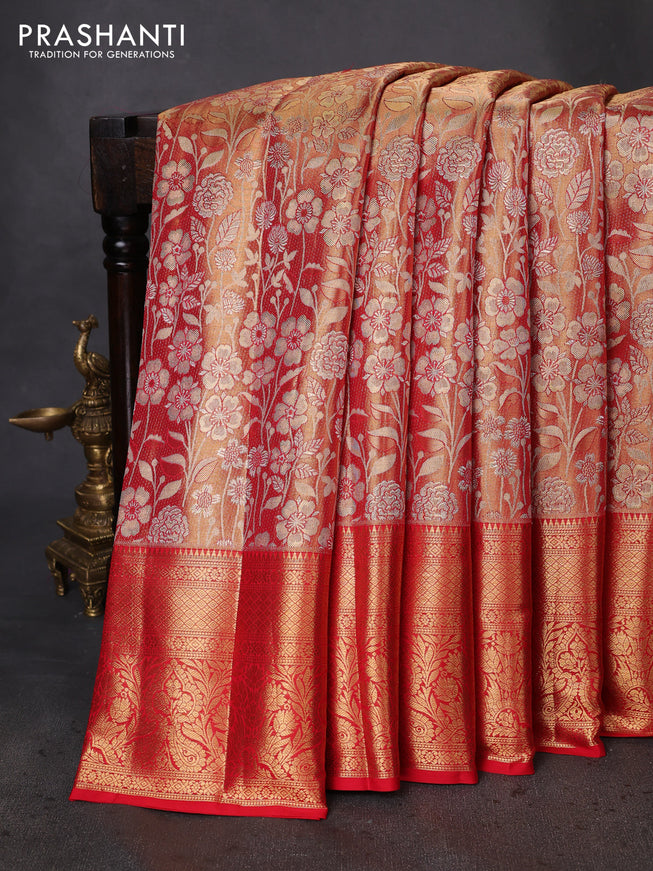 Pure kanchipuram tissue silk saree red shade with allover zari woven brocade weaves and zari woven border