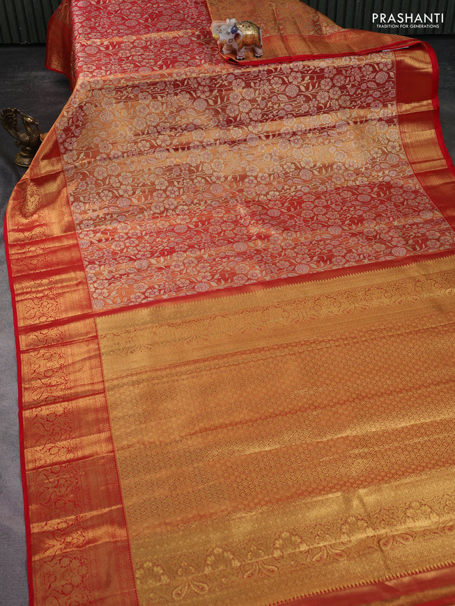 Pure kanchipuram tissue silk saree red shade with allover zari woven brocade weaves and zari woven border