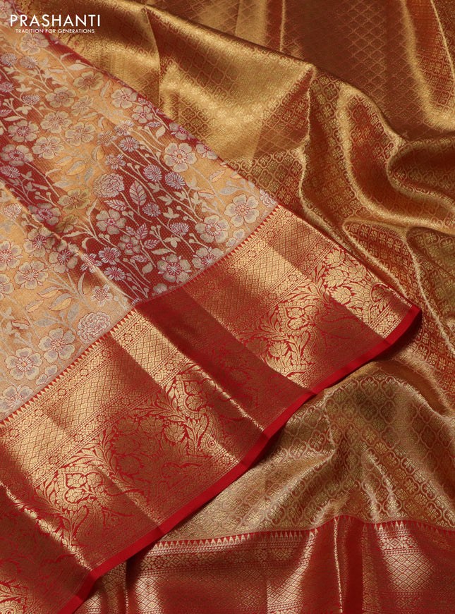 Pure kanchipuram tissue silk saree red shade with allover zari woven brocade weaves and zari woven border