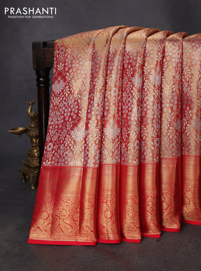 Pure kanchipuram tissue silk saree red shade with allover zari woven brocade weaves and zari woven border