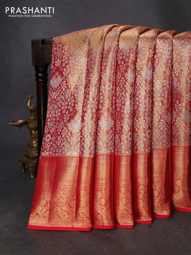 Pure kanchipuram tissue silk saree red shade with allover zari woven brocade weaves and zari woven border