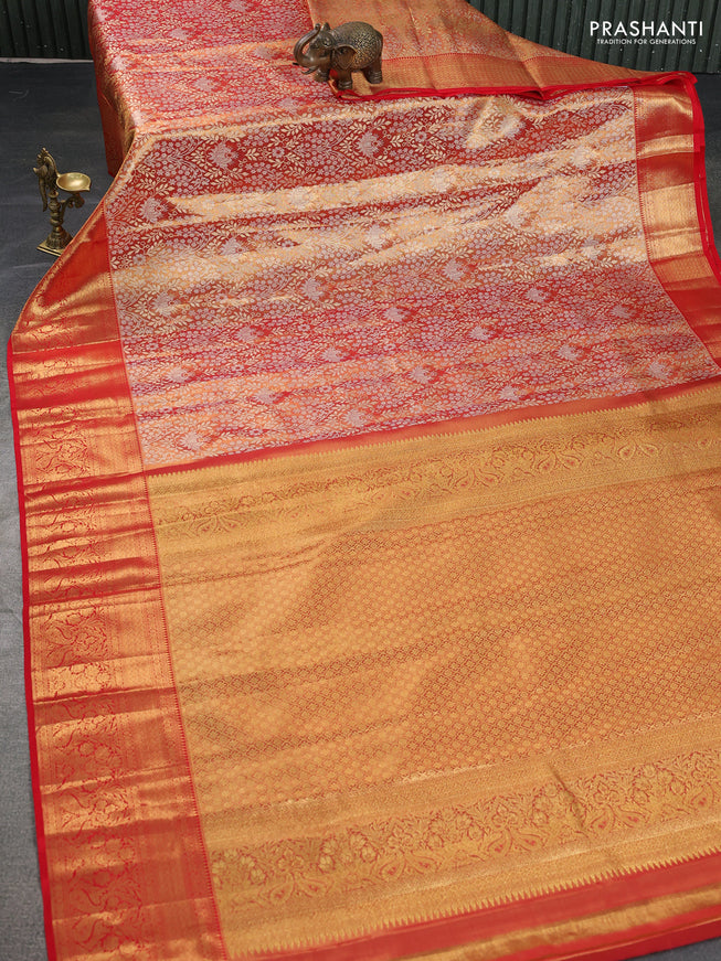 Pure kanchipuram tissue silk saree red shade with allover zari woven brocade weaves and zari woven border