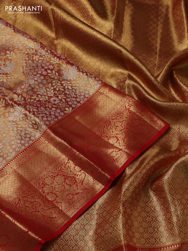 Pure kanchipuram tissue silk saree red shade with allover zari woven brocade weaves and zari woven border