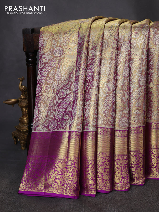 Pure kanchipuram tissue silk saree dual shade of gold and purple with allover zari woven brocade weaves and zari woven border