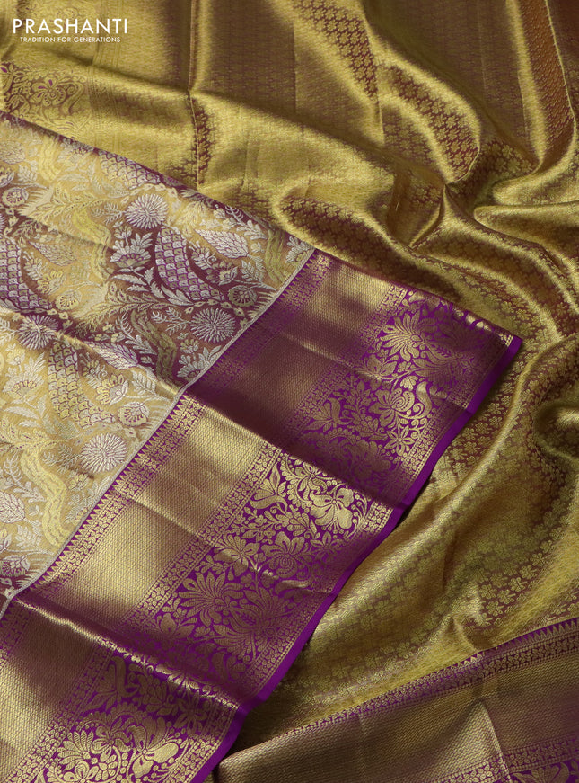Pure kanchipuram tissue silk saree dual shade of gold and purple with allover zari woven brocade weaves and zari woven border