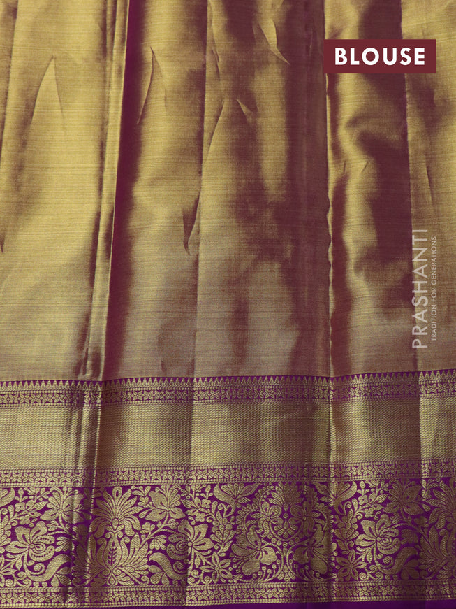 Pure kanchipuram tissue silk saree dual shade of gold and purple with allover zari woven brocade weaves and zari woven border