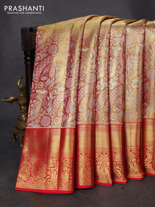 Pure kanchipuram tissue silk saree dual shade of gold and red with allover zari woven brocade weaves and zari woven border