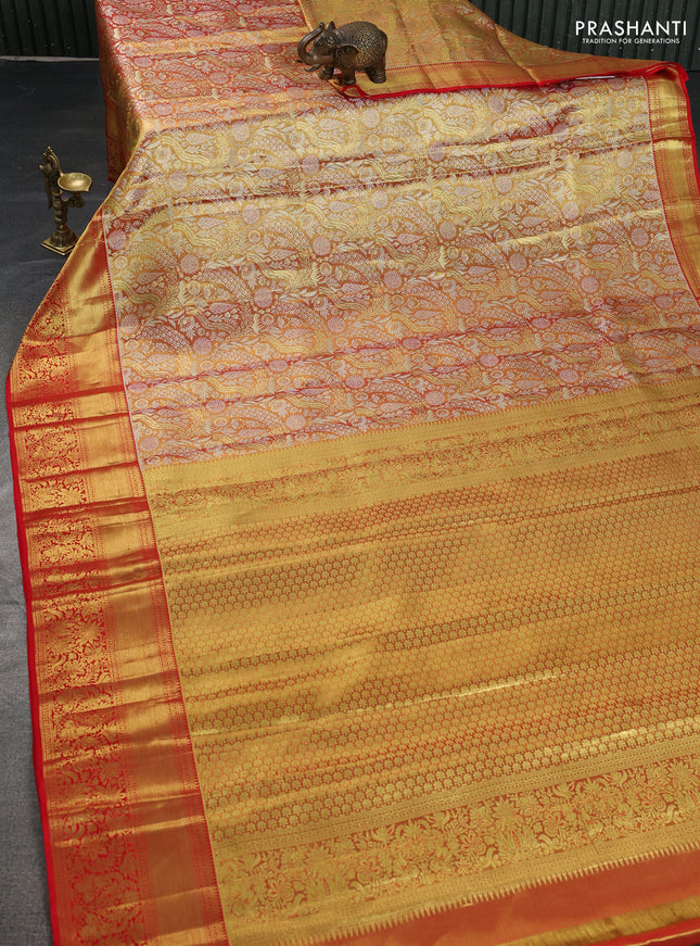Pure kanchipuram tissue silk saree dual shade of gold and red with allover zari woven brocade weaves and zari woven border