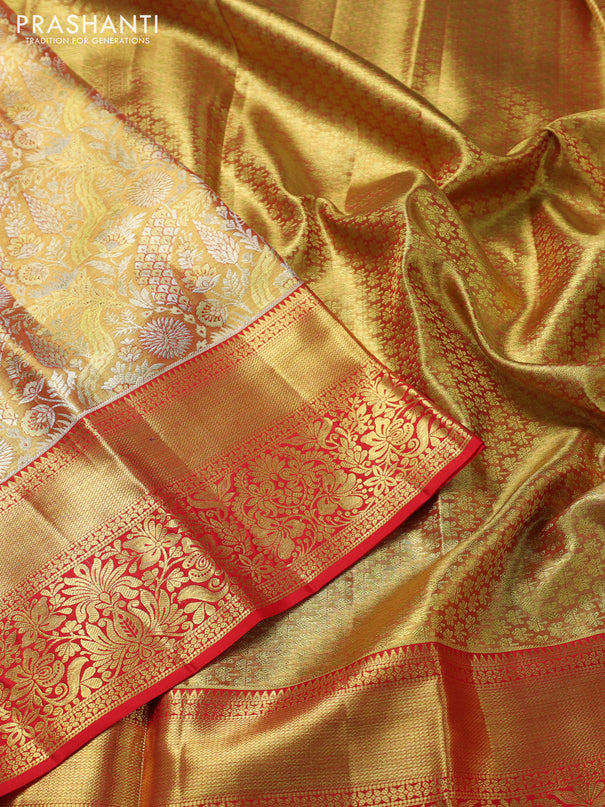 Pure kanchipuram tissue silk saree dual shade of gold and red with allover zari woven brocade weaves and zari woven border
