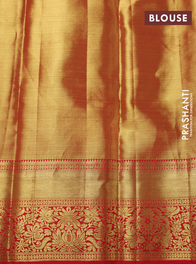 Pure kanchipuram tissue silk saree dual shade of gold and red with allover zari woven brocade weaves and zari woven border