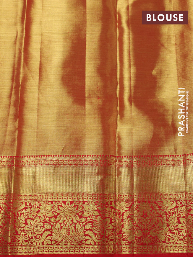 Pure kanchipuram tissue silk saree dual shade of gold and red with allover zari woven brocade weaves and zari woven border