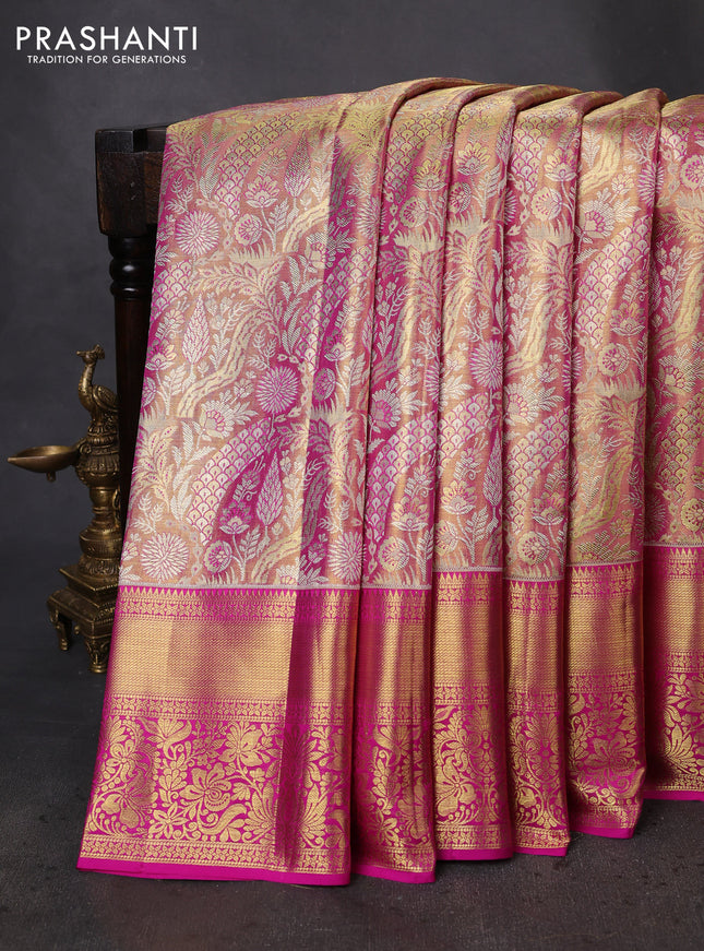 Pure kanchipuram tissue silk saree dual shade of light pink with allover zari woven brocade weaves and zari woven border