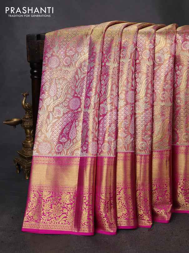 Pure kanchipuram tissue silk saree dual shade of light pink with allover zari woven brocade weaves and zari woven border