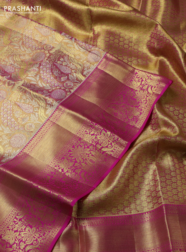 Pure kanchipuram tissue silk saree dual shade of light pink with allover zari woven brocade weaves and zari woven border