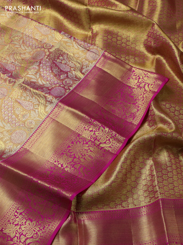 Pure kanchipuram tissue silk saree dual shade of light pink with allover zari woven brocade weaves and zari woven border