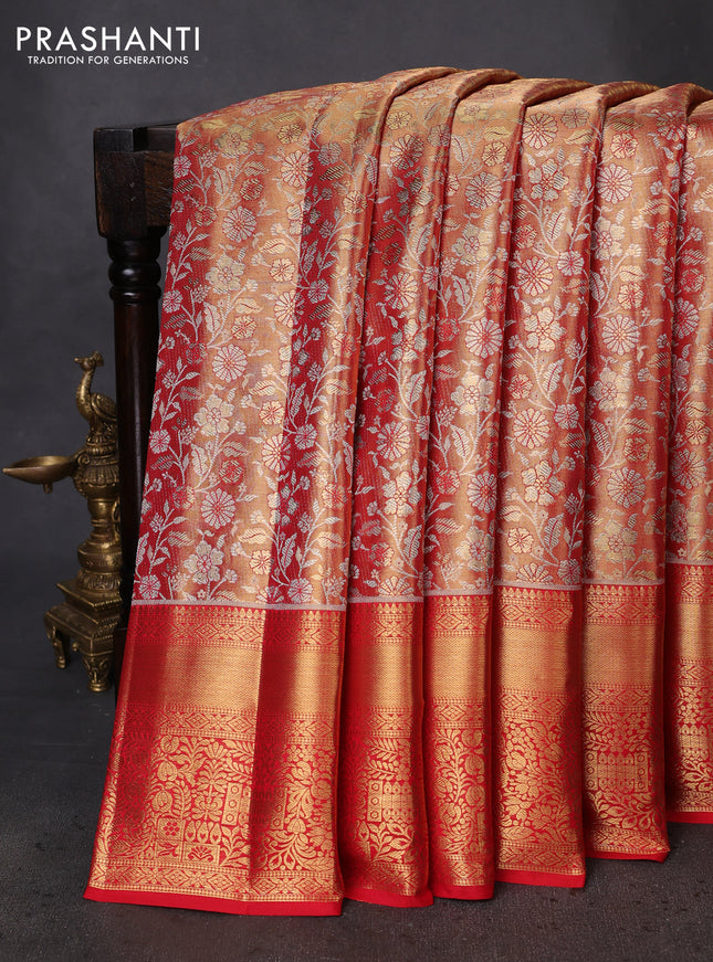 Pure kanchipuram tissue silk saree red shade with allover zari woven brocade weaves and zari woven border