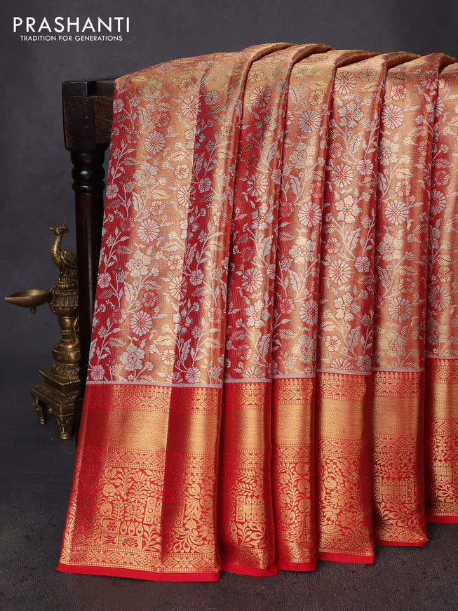 Pure kanchipuram tissue silk saree red shade with allover zari woven brocade weaves and zari woven border
