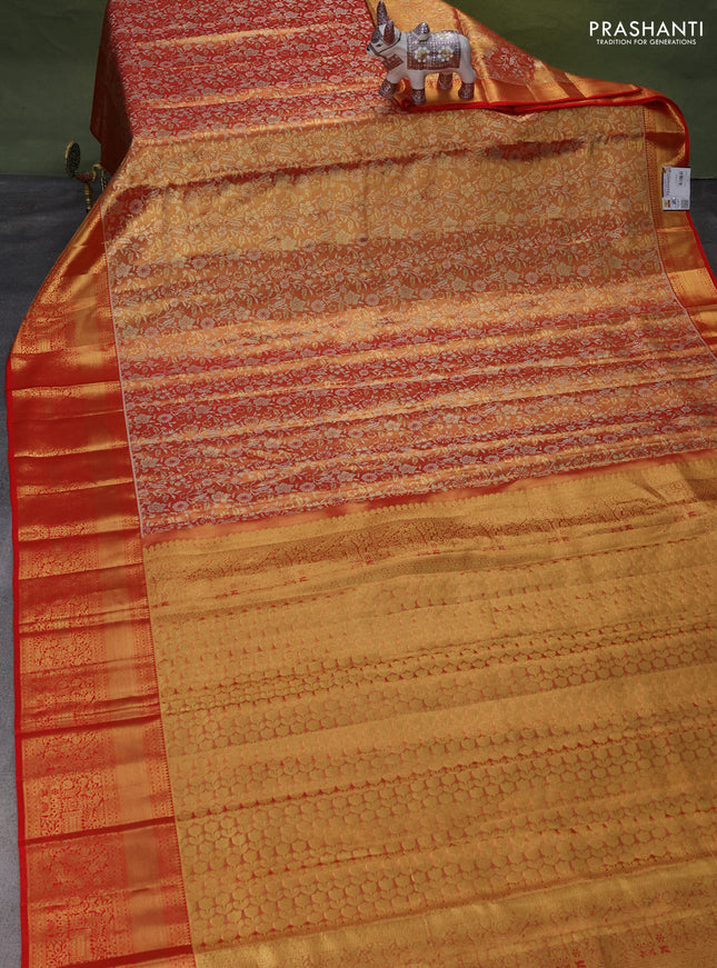 Pure kanchipuram tissue silk saree red shade with allover zari woven brocade weaves and zari woven border